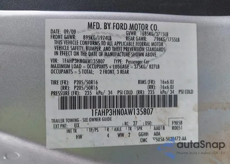2010 Ford Focus Sel z USA, uszkodzony, nr VIN 1FAHP3HN0AW135807